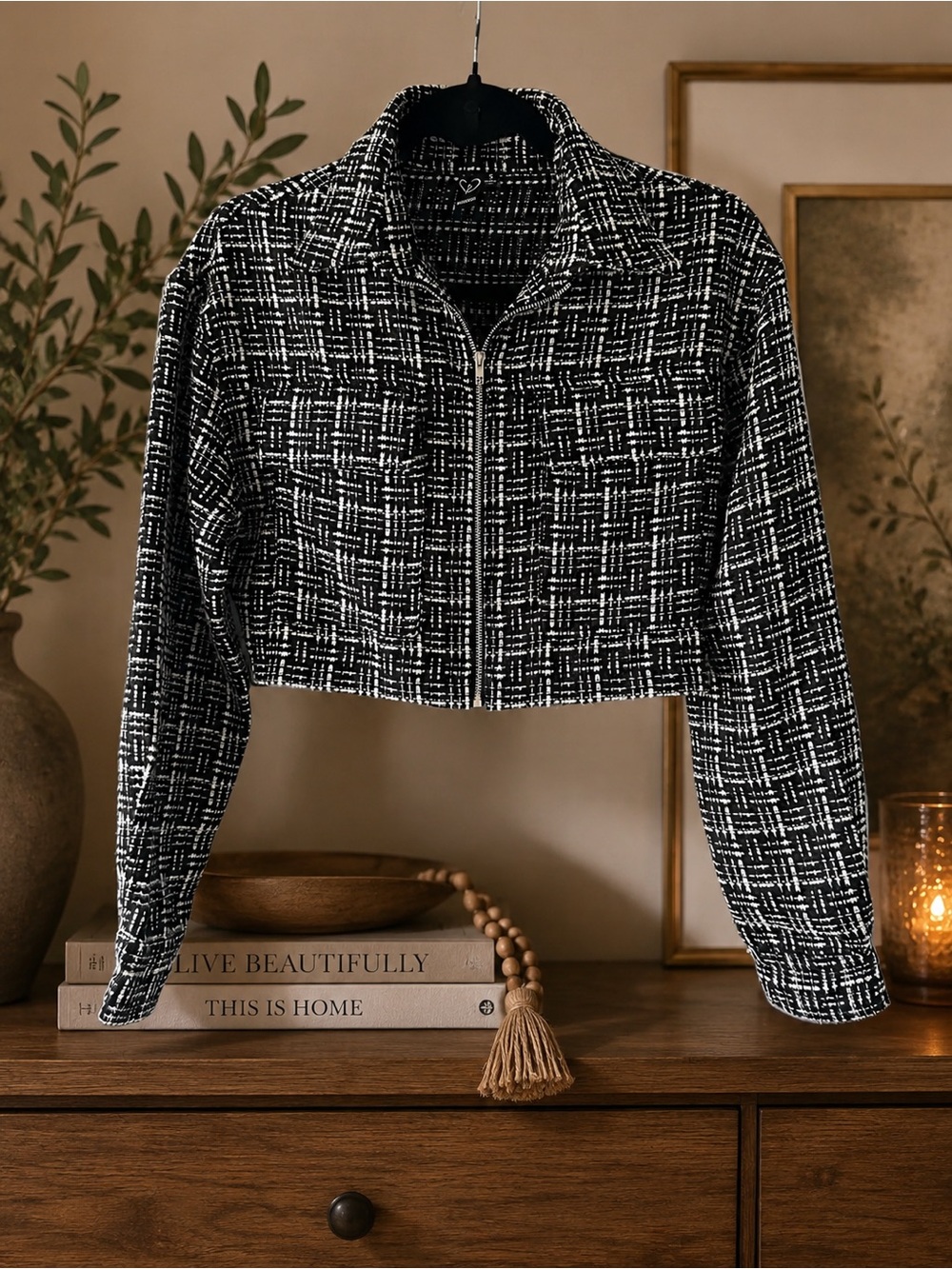 Windsor Black & White Tweed Cropped Zip Jacket Size Small